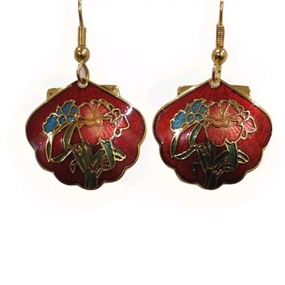 Red Floral Fan Shaped Cloisonne Earrings